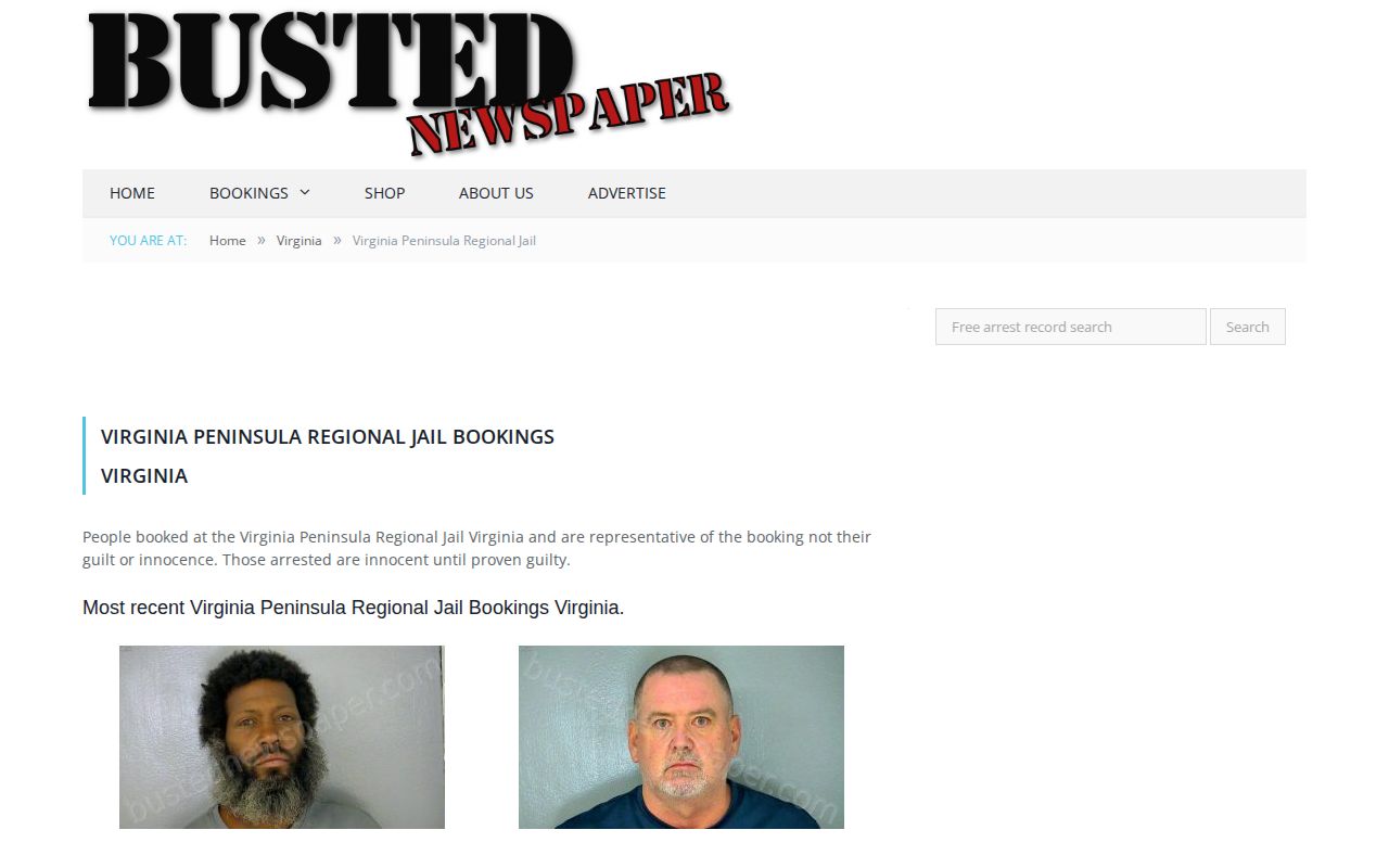 Newport News arrest record caution for Virginia Peninsula Regional Jail third-party page