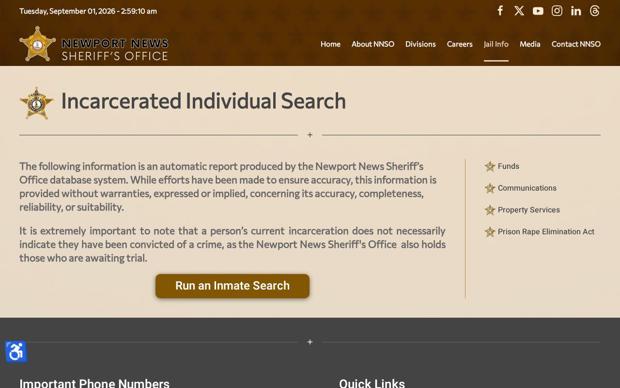 Newport News City Jail current-custody roster access page
